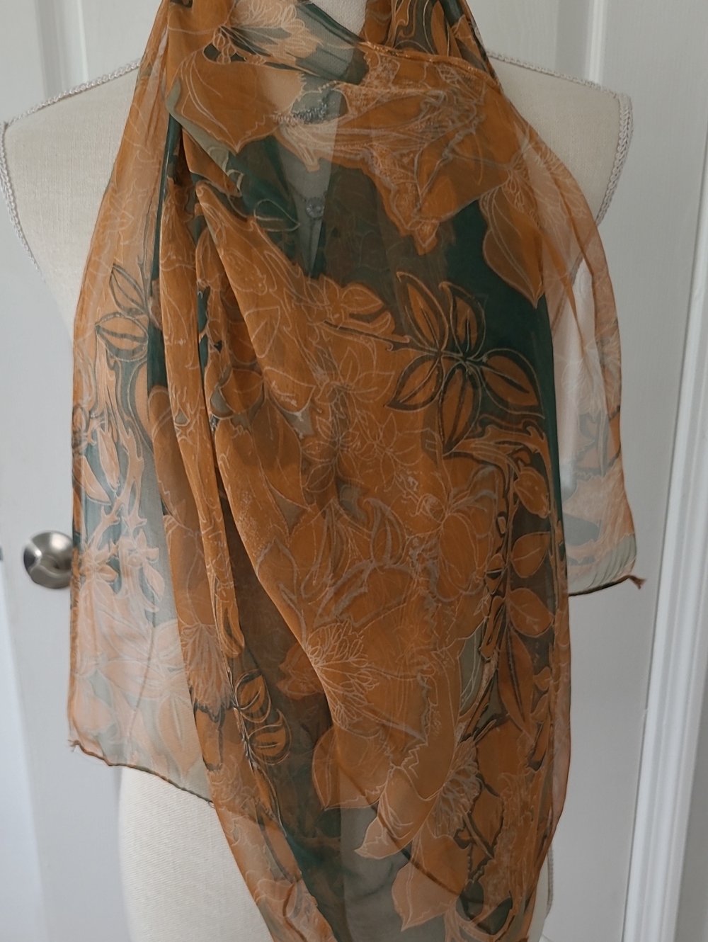 100% Silk Lightweight Floral Sheer Scarf - Brown & Green